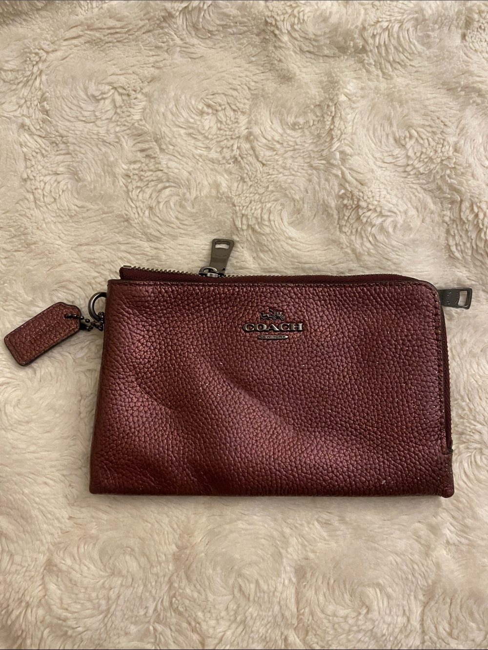 Coach Pebbled Leather Double Zip Wristlet in Burgundy Red